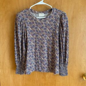 Nation LTD Floral Top Womens Small Brown Purple Pima Cotton Puff Sleeve Smocked
